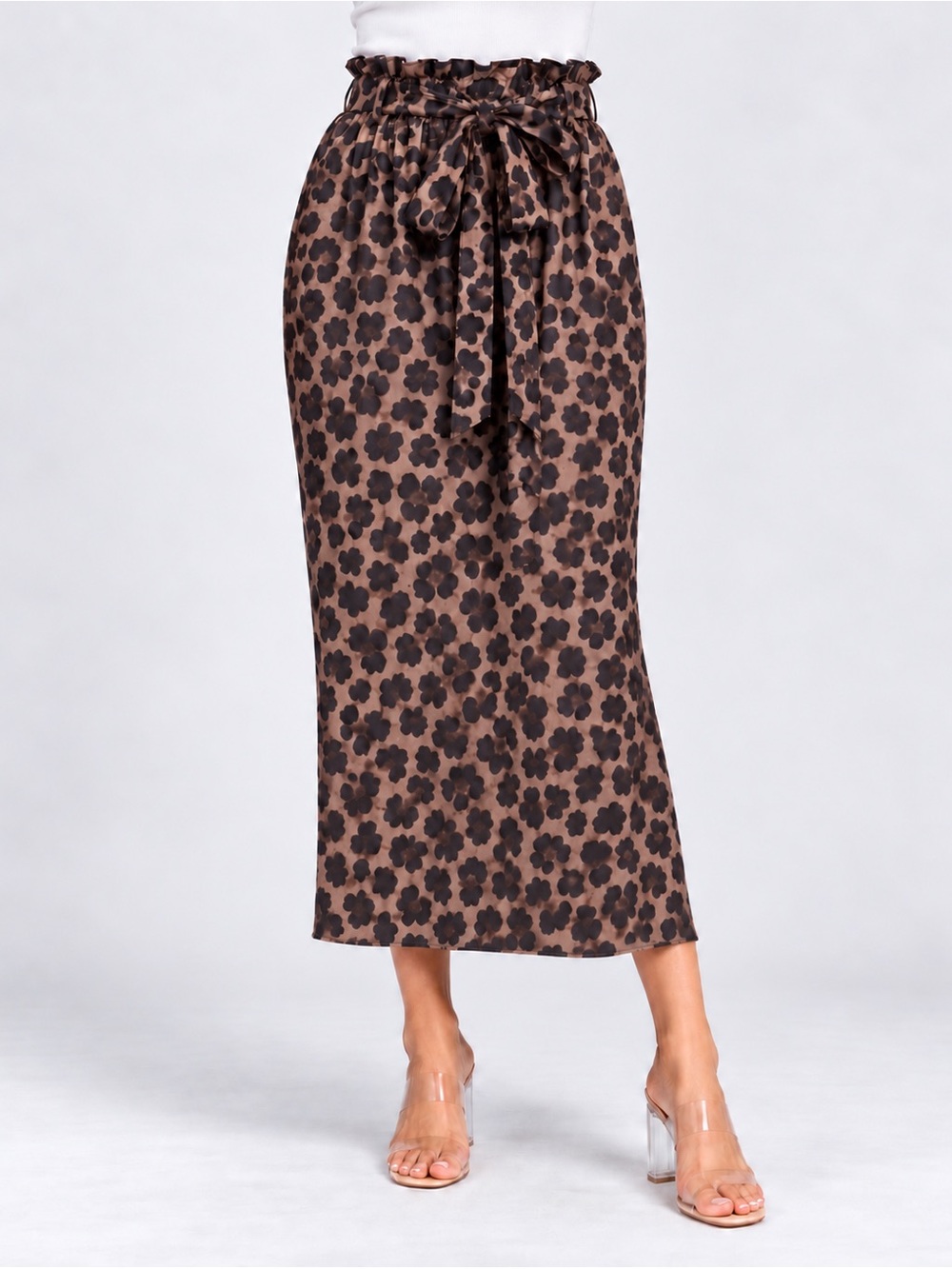 SHEIN Medium Brown Black Leopard Print Paperbag Waist Tie Midi Skirt
